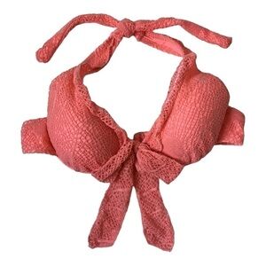 NWT - PIRURA Pink Coral Lace Overlay Halter Tie Bikini Top with Bow - Size Small